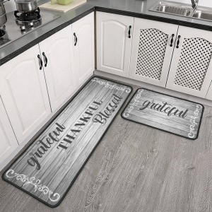 2Pcs Thankful Kitchen Rugs Set of 2 Grey Floor Mats for Cooking Non Slip Waterproof Standing Kitchen Runner Mats 17”x30”+17”x47”