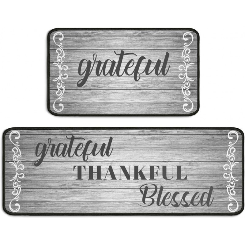 2Pcs Thankful Kitchen Rugs Set of 2 Grey Floor Mats for Cooking Non Slip Waterproof Standing Kitchen Runner Mats 17”x30”+17”x47”