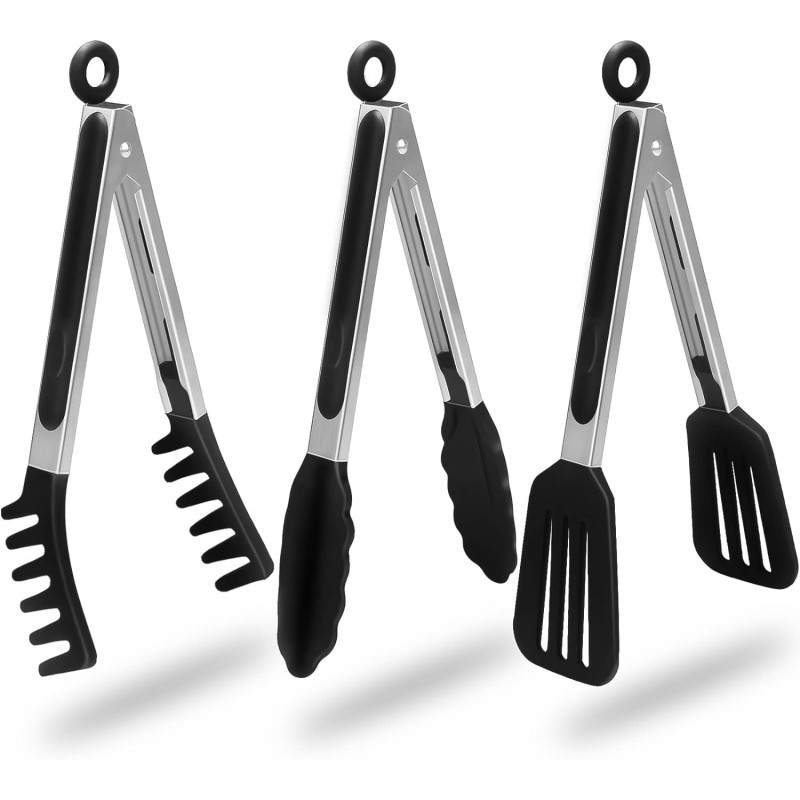 HST Tongs for Cooking with Silicone Tips(3 Pack), Non Stick Kitchen Tongs with Silicone Tip for Cooking BBQ Baking (9