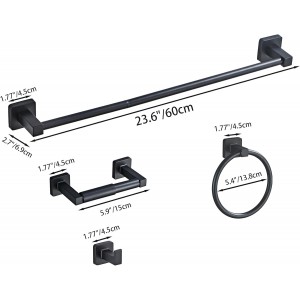 Matte Black Bathroom Hardware Set 4 Pieces,Bathroom Accessories Set Stainless Steel Wall Mounted, Hand Towel Bar, Towel Ring, Robe Towel Hooks,Toilet Paper Holder,Towel Bar Set, 23.6 Inch
