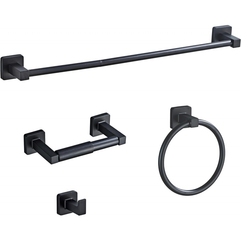 Matte Black Bathroom Hardware Set 4 Pieces,Bathroom Accessories Set Stainless Steel Wall Mounted, Hand Towel Bar, Towel Ring, Robe Towel Hooks,Toilet Paper Holder,Towel Bar Set, 23.6 Inch