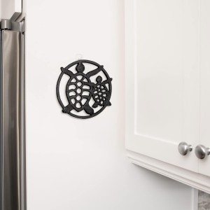 GASARÉ, Cast Iron Trivet for Hot Dishes, Pots, and Pans, Metal Trivet, 2 Turtle Design, Rubber Feet Caps, Ring Hanger, 8.75 Inches, Brown, 1 Unit