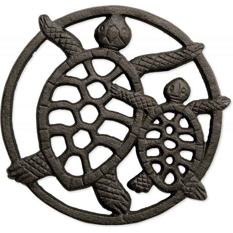 GASARÉ, Cast Iron Trivet for Hot Dishes, Pots, and Pans, Metal Trivet, 2 Turtle Design, Rubber Feet Caps, Ring Hanger, 8.75 Inches, Brown, 1 Unit