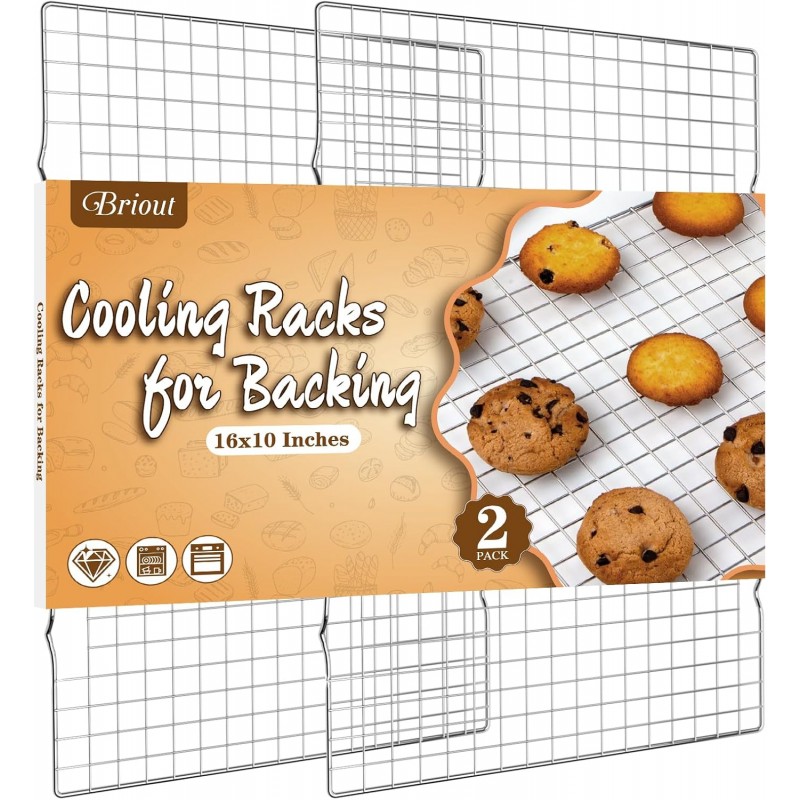 Cooling Rack for Baking 2-Pack, 16x10 Inches Baking Rack, Thick Wire Cookie Rack for Cooking, Roasting, Grilling, Drying, Oven Safe, Fits Half Sheet Pan, Silver