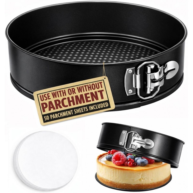 Tellshun 9 Inch Springform Pan Tin with 50pcs Parchment Paper Cheesecakes Baking Mold Round Leakproof Nonstick Removable Bottom Bakeware for Pie Cake Pizza and Quiches