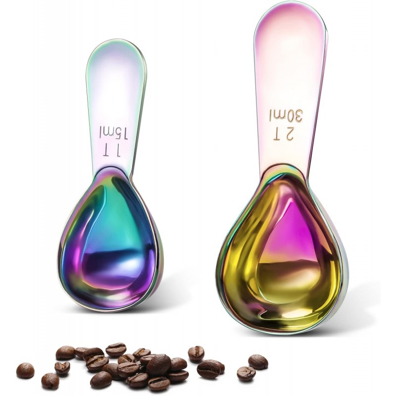 Stainless steel coffee scoop 2-piece set (1 tbsp, 2 tbsp) durable Tablespoon, ergonomic measuring spoon, Suitable for small and large jars，short-handled spoon (colored)