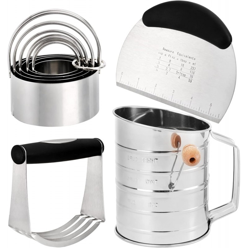 Tosnail Pastry Cutter, Dough Blender, 3 Cup Flour Sifter and Biscuit Cutter, 8 Pieces Stainless Steel Professional Dough Tools for Baking Cookies and Donuts