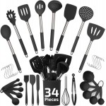 Silicone Kitchen Utensils Set 34 Pieces 450 °F Heat Resistant - Black Cooking Utensils-Set for Nonstick Cookware - Silicone Spatulas Set, Stainless Steel Handle & Other Kitchen accessories