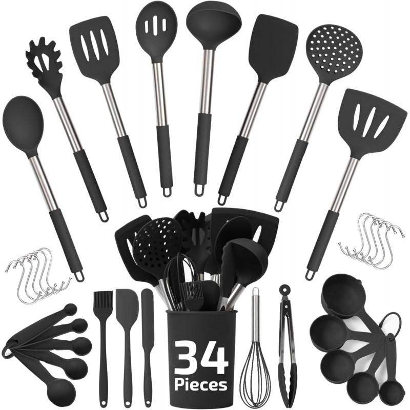 Silicone Kitchen Utensils Set 34 Pieces 450 °F Heat Resistant - Black Cooking Utensils-Set for Nonstick Cookware - Silicone Spatulas Set, Stainless Steel Handle & Other Kitchen accessories