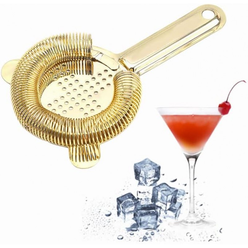 Heavy Duty Spring Bar Tool Strainer, Stainless Steel Finish Drink Strainer for Cocktails, Bartenders & Mixologists(Gold)