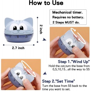 Cute Kitchen Timer Mechanical Timer for Kids (Gray Cat)