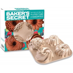 Baker's Secret Nonstick Fluted Cake Pan, Heavy Duty Die Cast Aluminum Fluted Cake Baking Pans, 2 Layers Non-stick Coating For Easy Release - The Cast Aluminum Collection (4mini Loves)