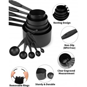 Joyhill Measuring Cups and Spoons Set of 10 Piece, Stainless Steel Measuring Cups with Soft Touch Silicone Handles, Nesting Metal Measuring Cup for Dry & Liquid Ingredients, Cooking & Baking (Black)