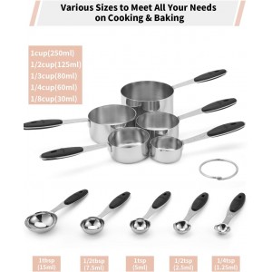 Joyhill Stainless Steel Measuring Cups and Spoons Set of 10 Piece, Nesting Metal Measuring Cups Set with Soft Touch Silicone Handles for Dry and Liquid Ingredients, Cooking & Baking (Black)