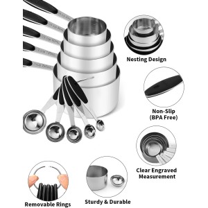 Joyhill Stainless Steel Measuring Cups and Spoons Set of 10 Piece, Nesting Metal Measuring Cups Set with Soft Touch Silicone Handles for Dry and Liquid Ingredients, Cooking & Baking (Black)