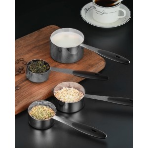 Joyhill Stainless Steel Measuring Cups and Spoons Set of 10 Piece, Nesting Metal Measuring Cups Set with Soft Touch Silicone Handles for Dry and Liquid Ingredients, Cooking & Baking (Black)