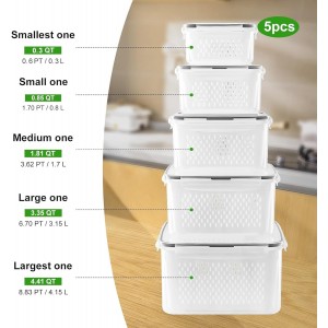 5 PCS Large Fruit Containers for Fridge - Leakproof Food Storage Containers with Removable Colander - Dishwasher & microwave safe Produce Containers Keep Fruits, Vegetables, Berry, Meat Fresh longer