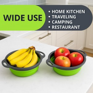 Small Collapsible Colander with Plastic Handles Round Silicone Kitchen Strainers Foldable Kitchen Strainer Perfect for Draining Pasta Vegetable and Fruit Green
