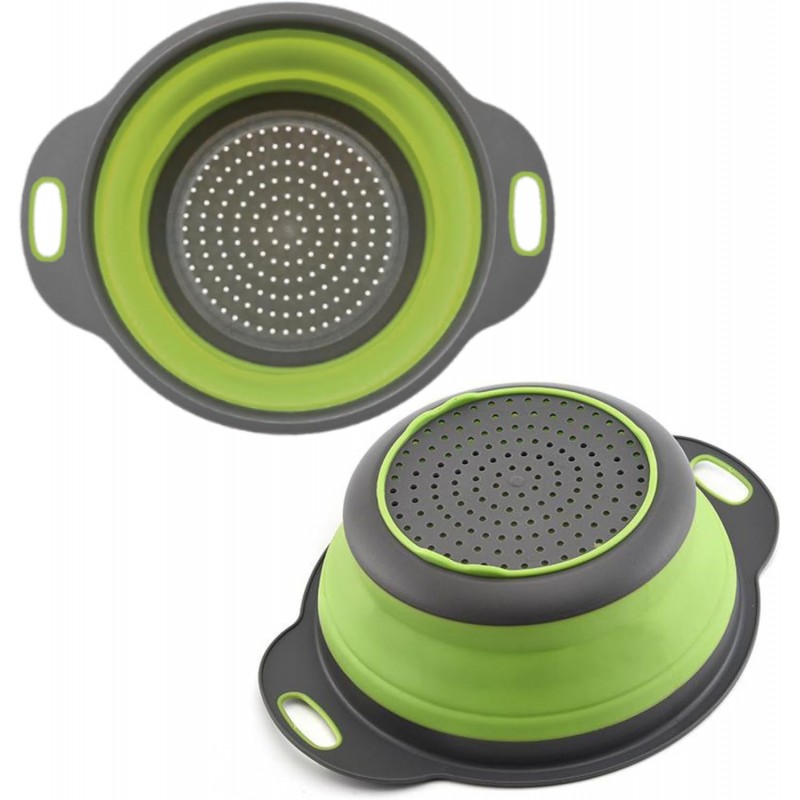 Small Collapsible Colander with Plastic Handles Round Silicone Kitchen Strainers Foldable Kitchen Strainer Perfect for Draining Pasta Vegetable and Fruit Green