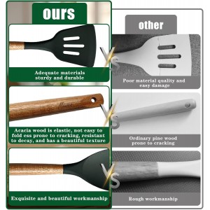 Miusco Non-Stick Silicone Cooking Utensils Set with Natural Acacia Hard Wood Handle, 5 Piece, High Heat Resistant (Green)