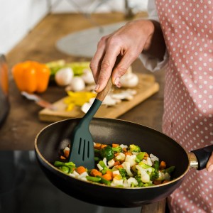 Miusco Non-Stick Silicone Cooking Utensils Set with Natural Acacia Hard Wood Handle, 5 Piece, High Heat Resistant (Green)