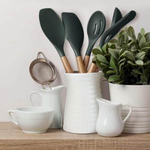 Miusco Non-Stick Silicone Cooking Utensils Set with Natural Acacia Hard Wood Handle, 5 Piece, High Heat Resistant (Green)