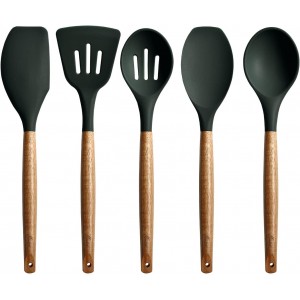 Miusco Non-Stick Silicone Cooking Utensils Set with Natural Acacia Hard Wood Handle, 5 Piece, High Heat Resistant (Green)