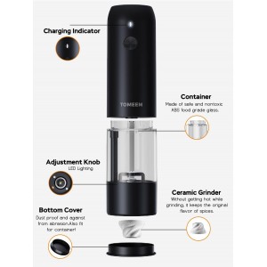 TOMEEM Electric Salt and Pepper Grinder Set with LED Lights – Rechargeable Automatic Pepper and Salt Mill with 6 Adjustable Coarseness for Kitchen, BBQ & Gifts
