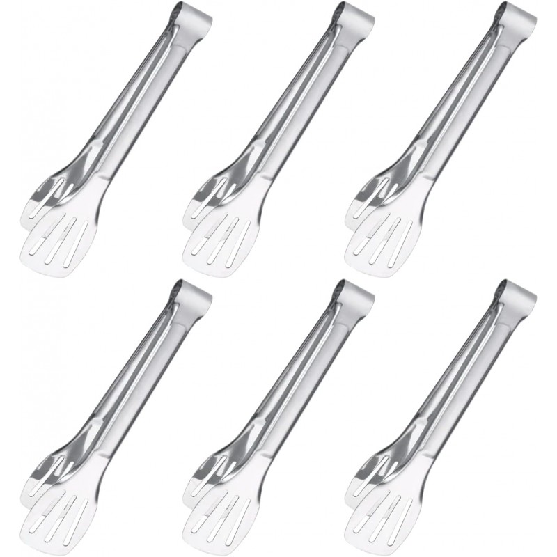 6PCS Serving Tongs, 7Inch Buffet Tongs, Stainless Steel Food Tong Small Serving Utensils for Cooking, Entertaining, Salad, Barbecue, Buffet, Toast and Steak by Sunenlyst (Stainless buffet tongs)
