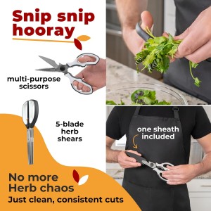 Gidli 5 Blade Herb Scissors Set with Heavy Duty Kitchen Shears - Stainless Steel Vegetable Scissors for Fresh Herbs and Salad Prep - Dishwasher Safe 2 Pack with Protective Cover