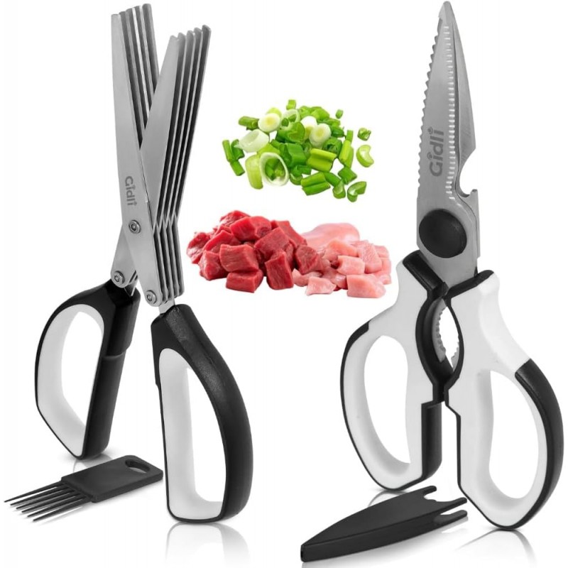 Gidli 5 Blade Herb Scissors Set with Heavy Duty Kitchen Shears - Stainless Steel Vegetable Scissors for Fresh Herbs and Salad Prep - Dishwasher Safe 2 Pack with Protective Cover