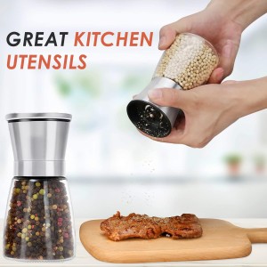 Professional Pepper Grinder - with Germany Hardened Carbon Steel Mechanism Rotor, Refillable Pepper Mill 6OZ Glass Adjust Coarseness (1PCS-Sliver-304）