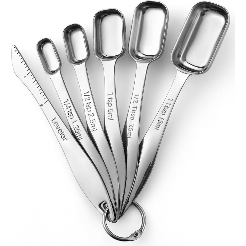 Spring Chef Stainless Steel Measuring Spoons Set of 6 with Leveler, Rectangular Metal Teaspoon & Tablespoon Measuring Spoons for Dry & Liquid Ingredients - Nesting Kitchen Gadgets For Baking & Cooking