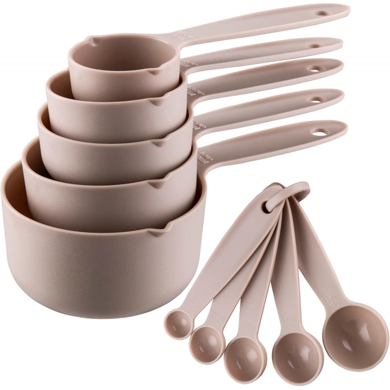 Smithcraft Cute Plastic Measuring Set of 10, 5 Cups & 5 Spoons for Baking & Cooking, Khaki