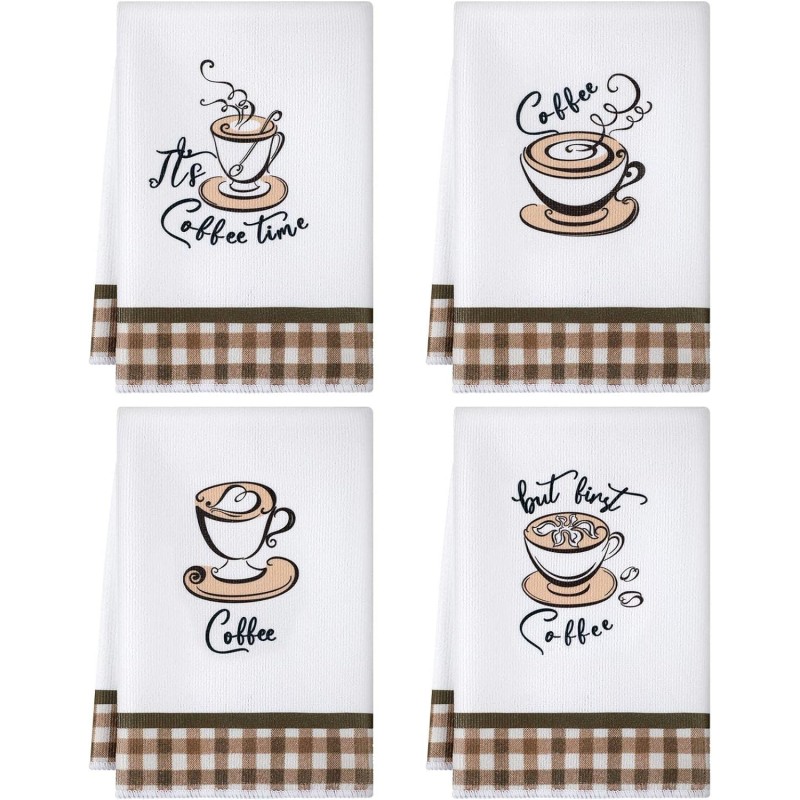 Ferraycle 4 Pieces Kitchen Dish Cloths Coffee Kitchen Hand Towels Absorbent Tea Towels 24 x 16 Inches, Cafe Lover Gift Bar Decorative Dish Cloths Rags, for Farmhouse(Mainly White,Cup Pattern)