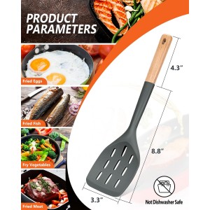 Pack of 2 Silicone Spatula, Non Stick Cooking Utensil Set Wooden Handle Kitchen Turner for Baking Mixing Grilling Serving Food Heat Resistant Non Scratch Hooks Included (Grey)
