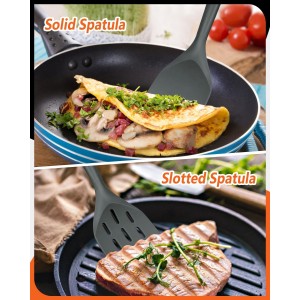 Pack of 2 Silicone Spatula, Non Stick Cooking Utensil Set Wooden Handle Kitchen Turner for Baking Mixing Grilling Serving Food Heat Resistant Non Scratch Hooks Included (Grey)