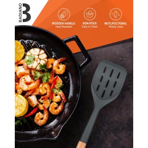 Pack of 2 Silicone Spatula, Non Stick Cooking Utensil Set Wooden Handle Kitchen Turner for Baking Mixing Grilling Serving Food Heat Resistant Non Scratch Hooks Included (Grey)