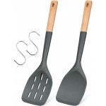 Pack of 2 Silicone Spatula, Non Stick Cooking Utensil Set Wooden Handle Kitchen Turner for Baking Mixing Grilling Serving Food Heat Resistant Non Scratch Hooks Included (Grey)