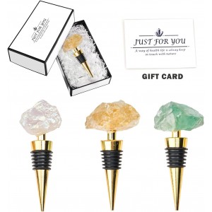 Yougoals Crystal Wine Stoppers Set of 3, Natural Gemstone Wine Stoppers for Wine Bottles, Decorative Wine Bottle Stoppers with Gift Box for Wedding, Party (3pcs Crystal)