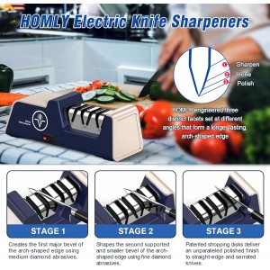 Homly Professional Electric Knife Sharpeners for Kitchen Knives with Diamond Abrasives and Precision Angle Guides, Multifunctional 3-Stage Slots, Applicable to Straight Knife and Ceramic Knife
