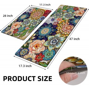 Boho Floral Kitchen Rugs Mats for Floor 2 Piece Memory Foam Padded Kitchen Mats Anti Fatigue Non Slip Cushioned Comfort Standing Mat, 17.3x28+17.3x47 Inch