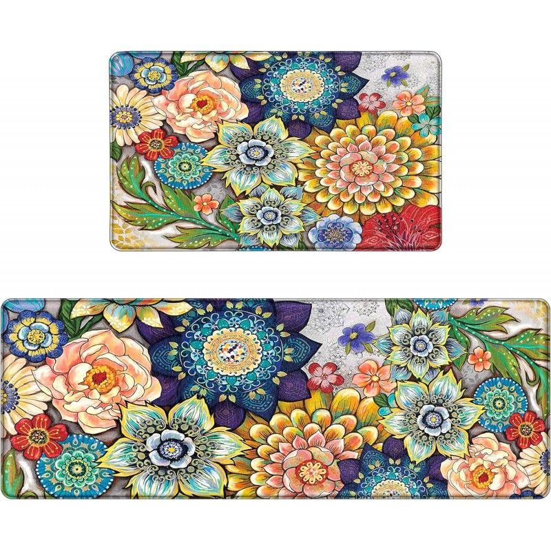 Boho Floral Kitchen Rugs Mats for Floor 2 Piece Memory Foam Padded Kitchen Mats Anti Fatigue Non Slip Cushioned Comfort Standing Mat, 17.3x28+17.3x47 Inch