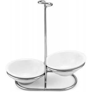 QWORK Standing Spoon Rest, Ceramic Cutlery Stand Upright Spoon Rack with Silver Stainless Steel Rack and Drip Tray for Stovetop and Kitchen Counter Organization