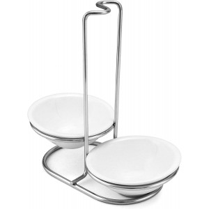 QWORK Standing Spoon Rest, Ceramic Cutlery Stand Upright Spoon Rack with Silver Stainless Steel Rack and Drip Tray for Stovetop and Kitchen Counter Organization