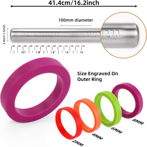 Stainless Steel Rolling Pin with Adjustable Thickness Rings - 4 Interchangeable Sizing Bands for Dumplings/Pasta/Cookies - Nonstick Kitchen Baking Tool