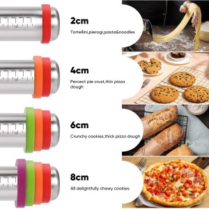 Stainless Steel Rolling Pin with Adjustable Thickness Rings - 4 Interchangeable Sizing Bands for Dumplings/Pasta/Cookies - Nonstick Kitchen Baking Tool