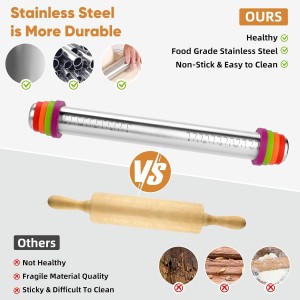 Stainless Steel Rolling Pin with Adjustable Thickness Rings - 4 Interchangeable Sizing Bands for Dumplings/Pasta/Cookies - Nonstick Kitchen Baking Tool