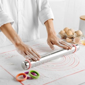 Stainless Steel Rolling Pin with Adjustable Thickness Rings - 4 Interchangeable Sizing Bands for Dumplings/Pasta/Cookies - Nonstick Kitchen Baking Tool