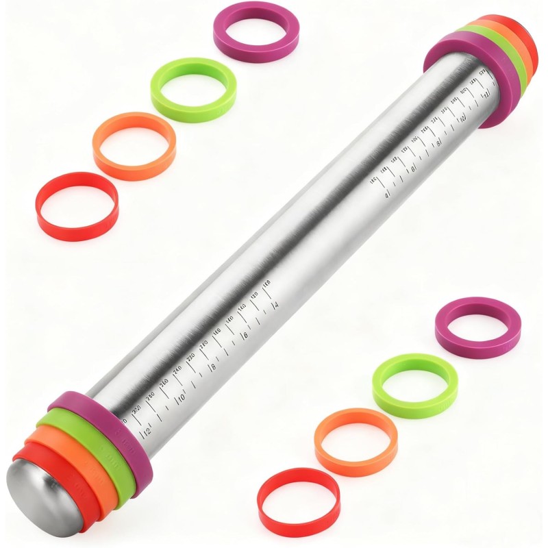 Stainless Steel Rolling Pin with Adjustable Thickness Rings - 4 Interchangeable Sizing Bands for Dumplings/Pasta/Cookies - Nonstick Kitchen Baking Tool